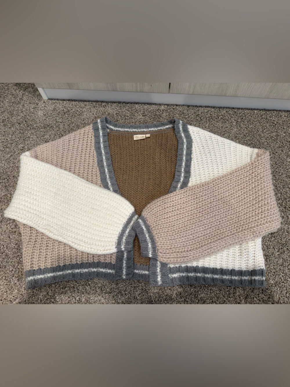 Waffle Knit Colorblock Open-Front Cardigan in Cream, Taupe & Gray Sz S